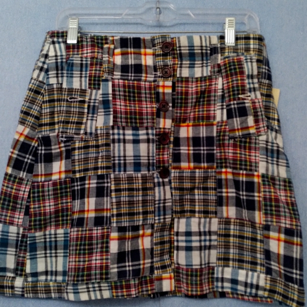 Patchwork Plaid Mini Skirt Button Front Casual Cute Skater Style